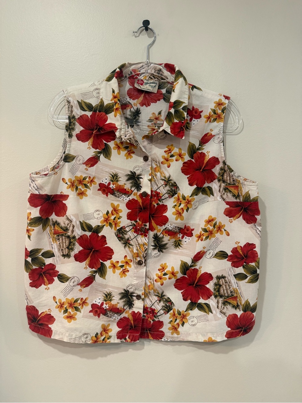 Vintage 90s Hilo Hattie Tropical Hibiscus Stamp Sleeveless Shirt XL Cotton